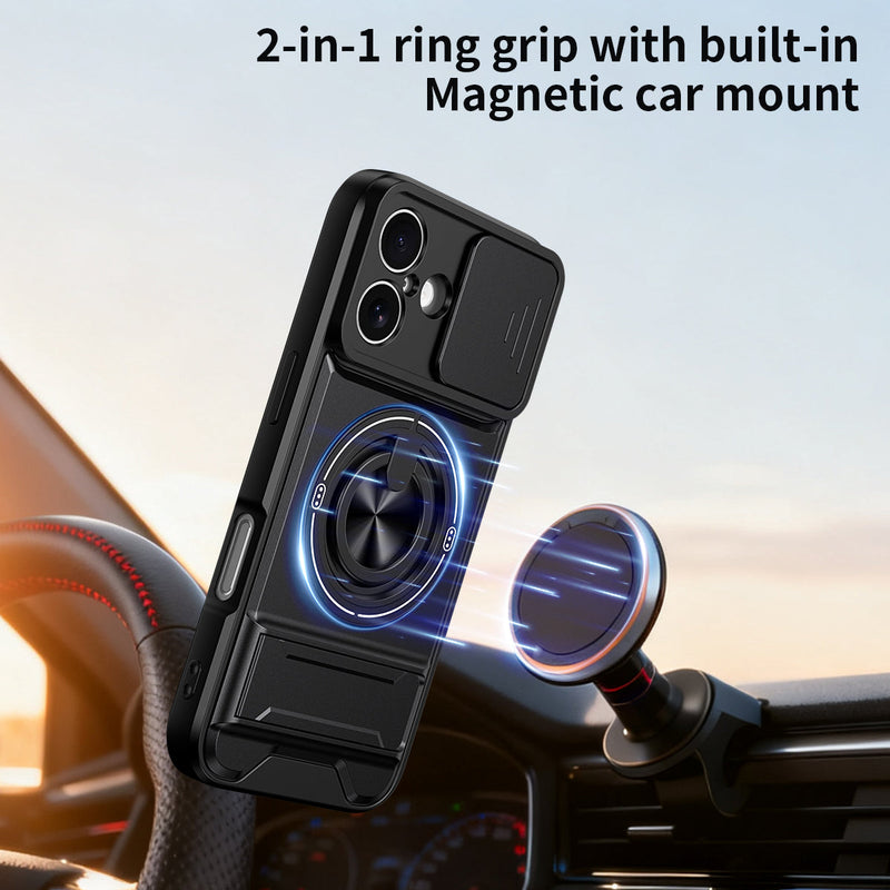 Luxury Slide Camera Lens Cover Case for iPhone 16, Built-in Ring Stand and Folding Stand Magnetic Protective Case