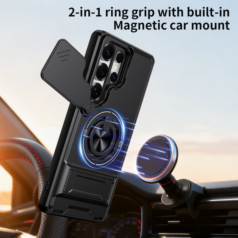 Luxury Slide Camera Lens Cover Case for Samsung Galaxy S25 Ultra, Built-in Ring Stand and Folding Stand Magnetic Protective Case