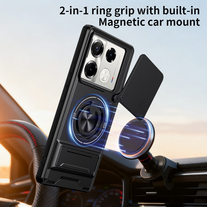 Luxury Slide Camera Lens Cover Case for Infinix Note 40 Pro 5G/4G, Built-in Ring Stand and Folding Stand Magnetic Protective Case