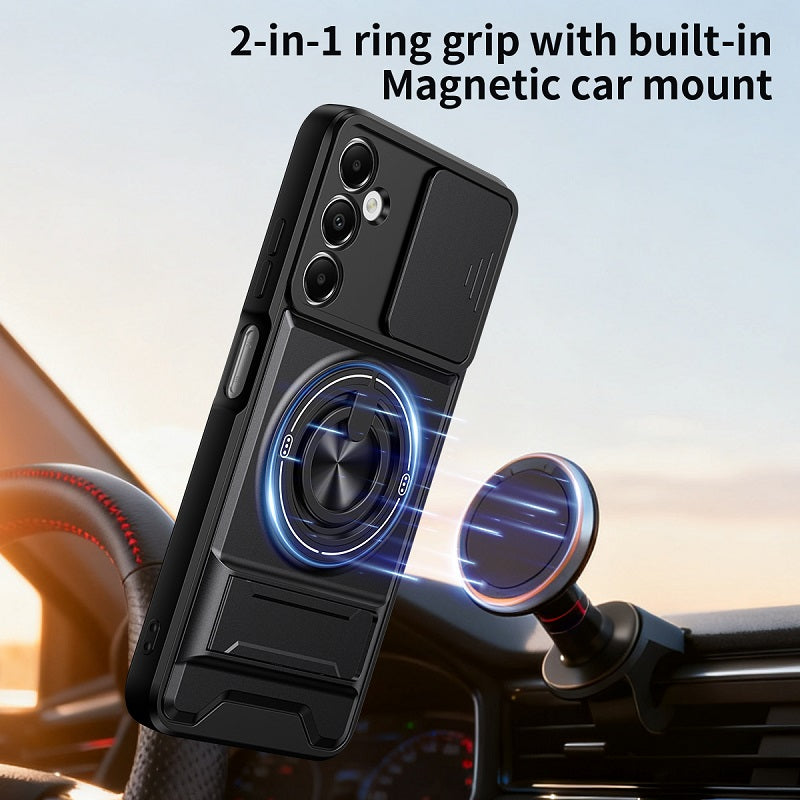Luxury Slide Camera Lens Cover Case for Samsung Galaxy A05S 4G, Built-in Ring Stand and Folding Stand Magnetic Protective Case