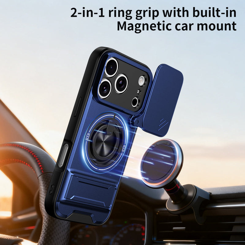 Luxury Slide Camera Lens Cover Case for iPhone 17 Pro, Built-in Ring Stand and Folding Stand Magnetic Protective Case