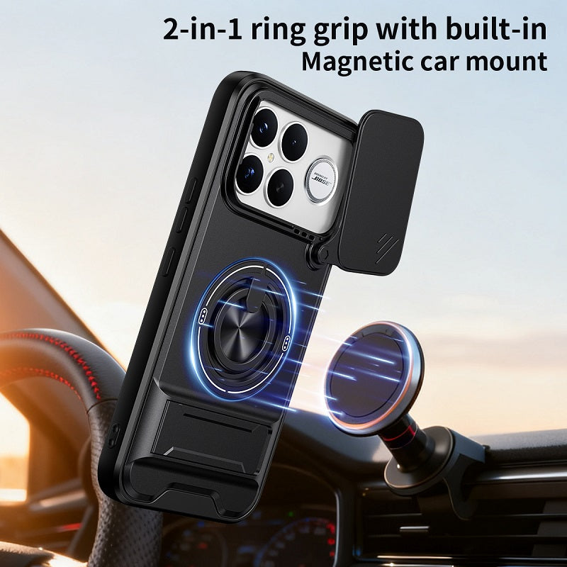 Luxury Slide Camera Lens Cover Case for Xiaomi Poco F8 Ultra, Built-in Ring Stand and Folding Stand Magnetic Protective Case