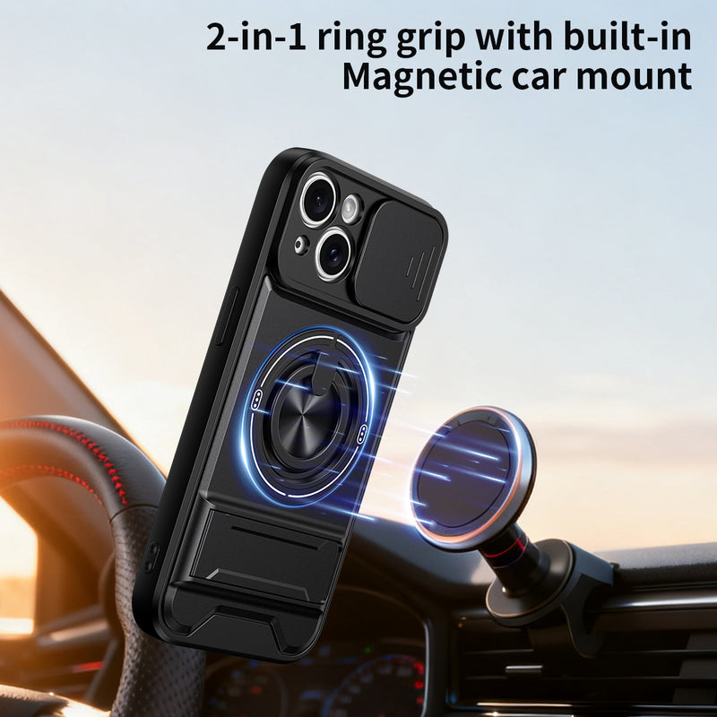 Luxury Slide Camera Lens Cover Case for iPhone 15, Built-in Ring Stand and Folding Stand Magnetic Protective Case