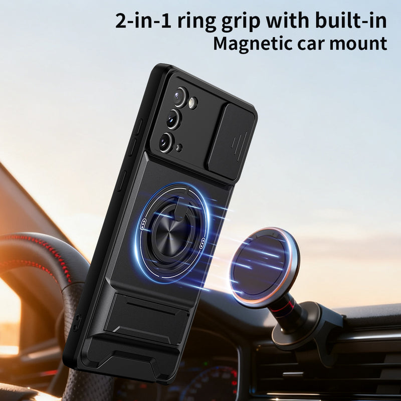 Luxury Slide Camera Lens Cover Case for Samsung Galaxy Note 20, Built-in Ring Stand and Folding Stand Magnetic Protective Case