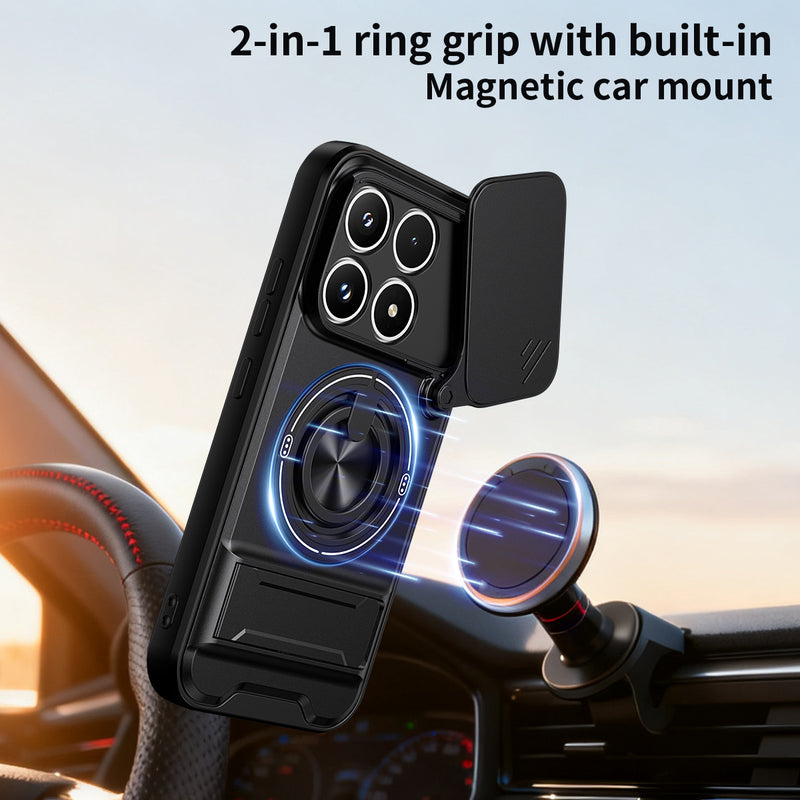 Luxury Slide Camera Lens Cover Case for Xiaomi 17, Built-in Ring Stand and Folding Stand Magnetic Protective Case