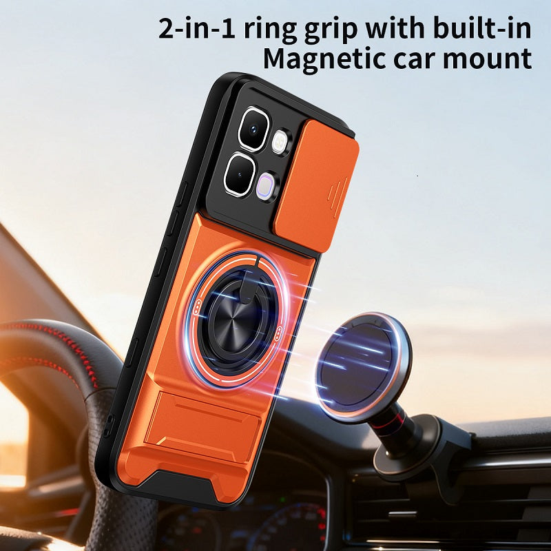 Luxury Slide Camera Lens Cover Case for Infinix Note Edge 5G, Built-in Ring Stand and Folding Stand Magnetic Protective Case