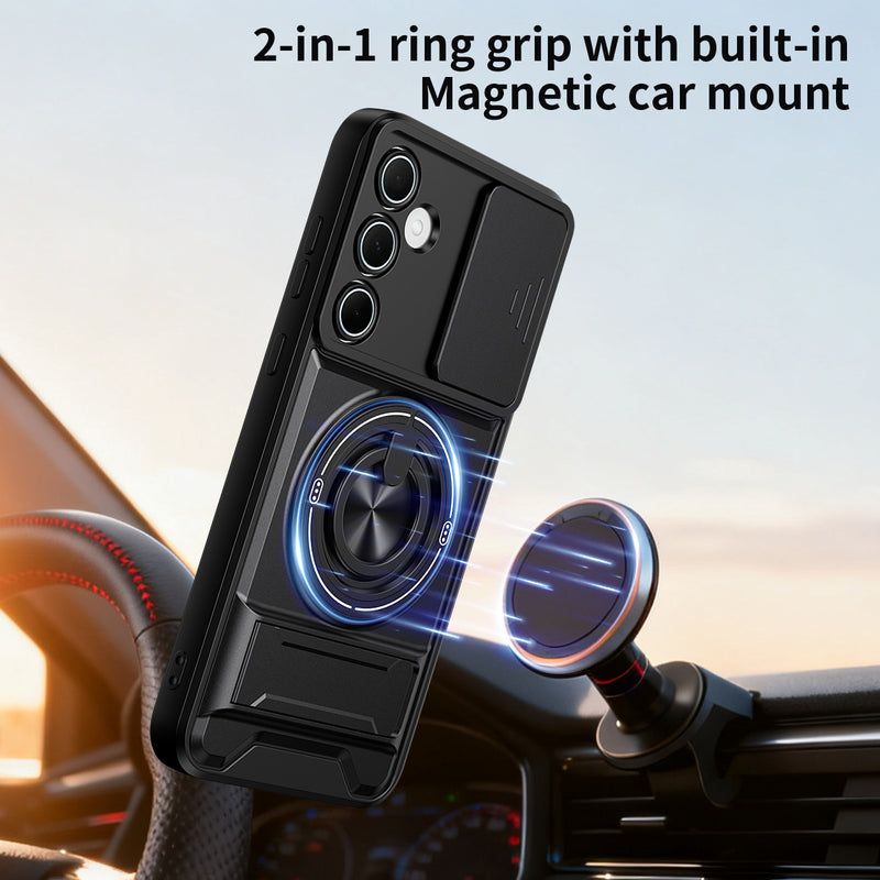 Luxury Slide Camera Lens Cover Case for Samsung Galaxy A55 5G, Built-in Ring Stand and Folding Stand Magnetic Protective Case