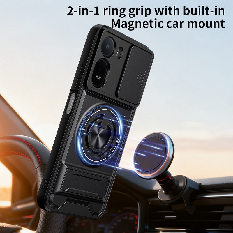 Luxury Slide Camera Lens Cover Case for Xiaomi Redmi A7 Pro 4G, Built-in Ring Stand and Folding Stand Magnetic Protective Case