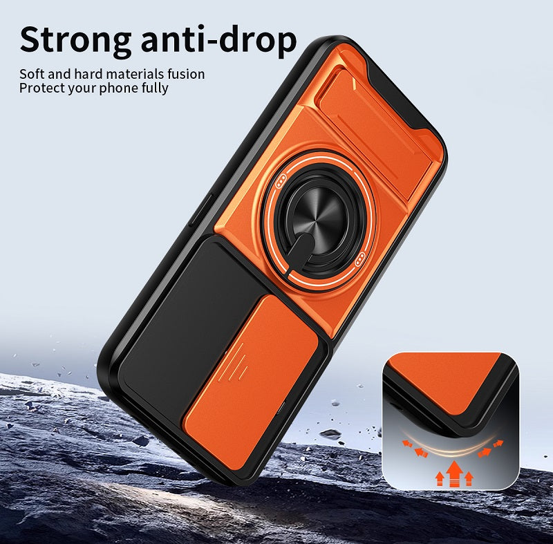 Luxury Slide Camera Lens Cover Case for Tecno Camon 50 4G, Built-in Ring Stand and Folding Stand Magnetic Protective Case