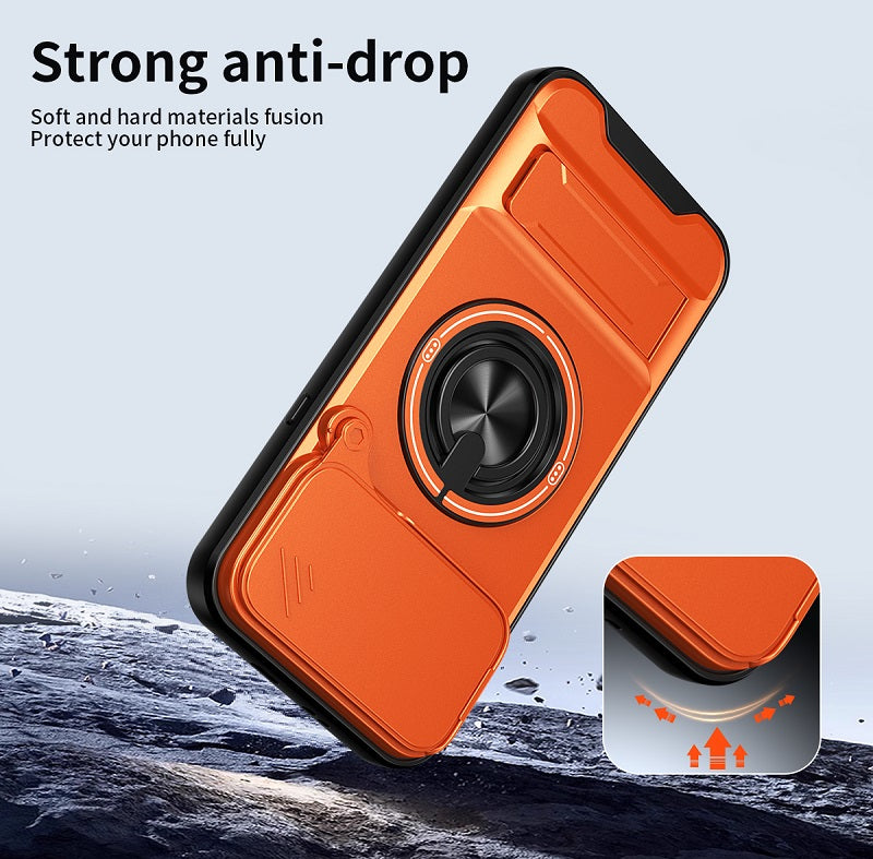 Luxury Slide Camera Lens Cover Case for Infinix Note 60 Pro 5G, Built-in Ring Stand and Folding Stand Magnetic Protective Case