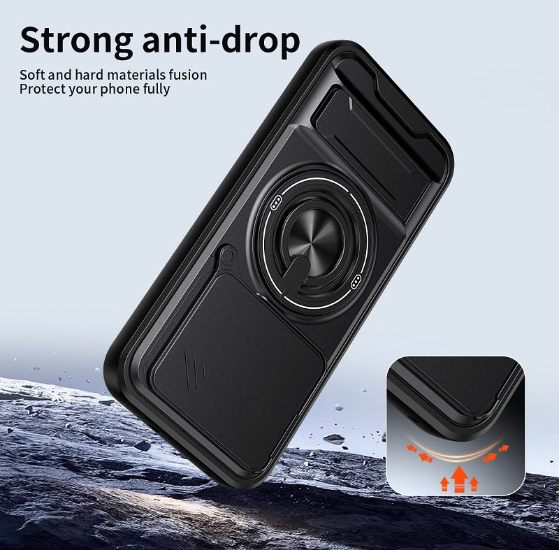 Luxury Slide Camera Lens Cover Case for OPPO Realme 16 Pro 5G, Built-in Ring Stand and Folding Stand Magnetic Protective Case