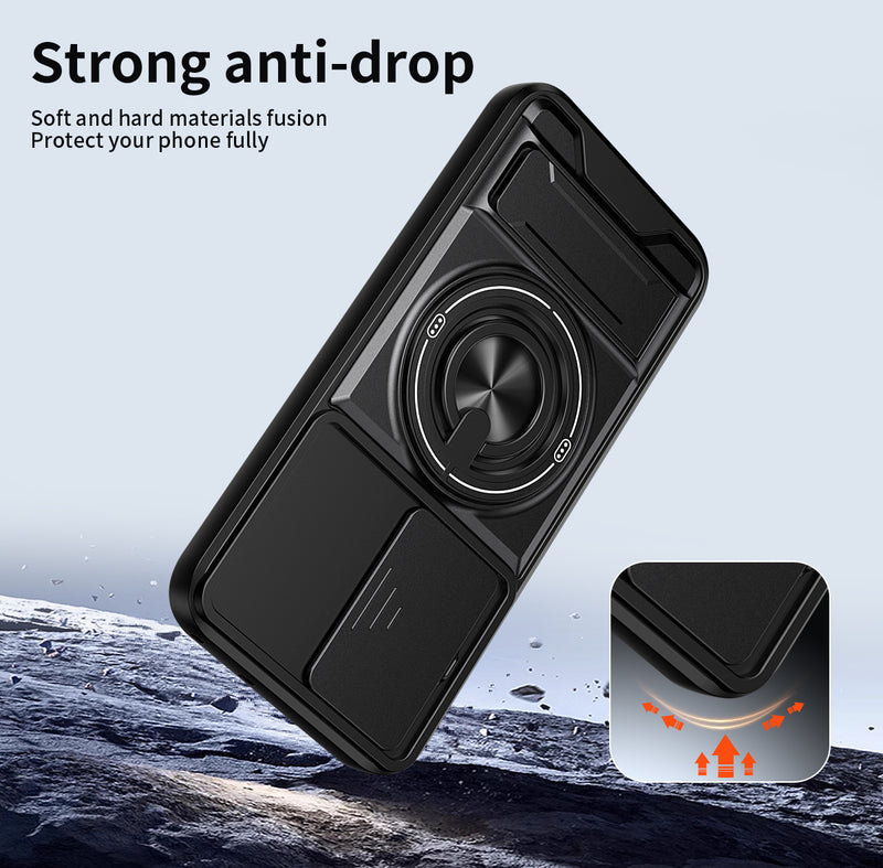 Luxury Slide Camera Lens Cover Case for OPPO A6 Pro 5G/4G, Built-in Ring Stand and Folding Stand Magnetic Protective Case