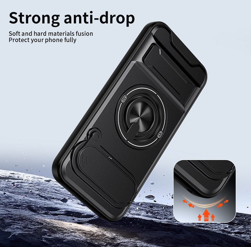 Luxury Slide Camera Lens Cover Case for Google Pixel 9 Pro XL, Built-in Ring Stand and Folding Stand Magnetic Protective Case