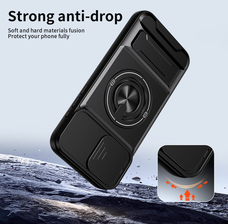 Luxury Slide Camera Lens Cover Case for iPhone 15 Pro Max, Built-in Ring Stand and Folding Stand Magnetic Protective Case