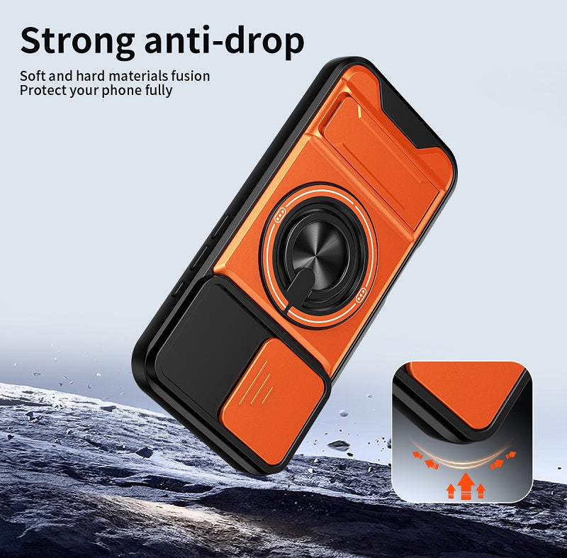 Luxury Slide Camera Lens Cover Case for iPhone 17, Built-in Ring Stand and Folding Stand Magnetic Protective Case