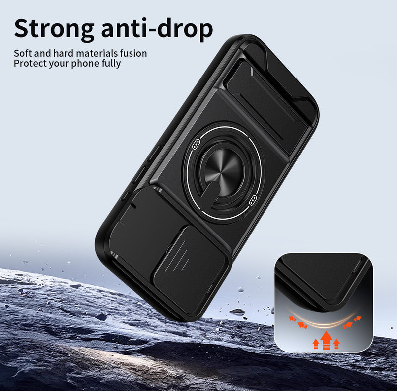 Luxury Slide Camera Lens Cover Case for iPhone 15 Pro, Built-in Ring Stand and Folding Stand Magnetic Protective Case