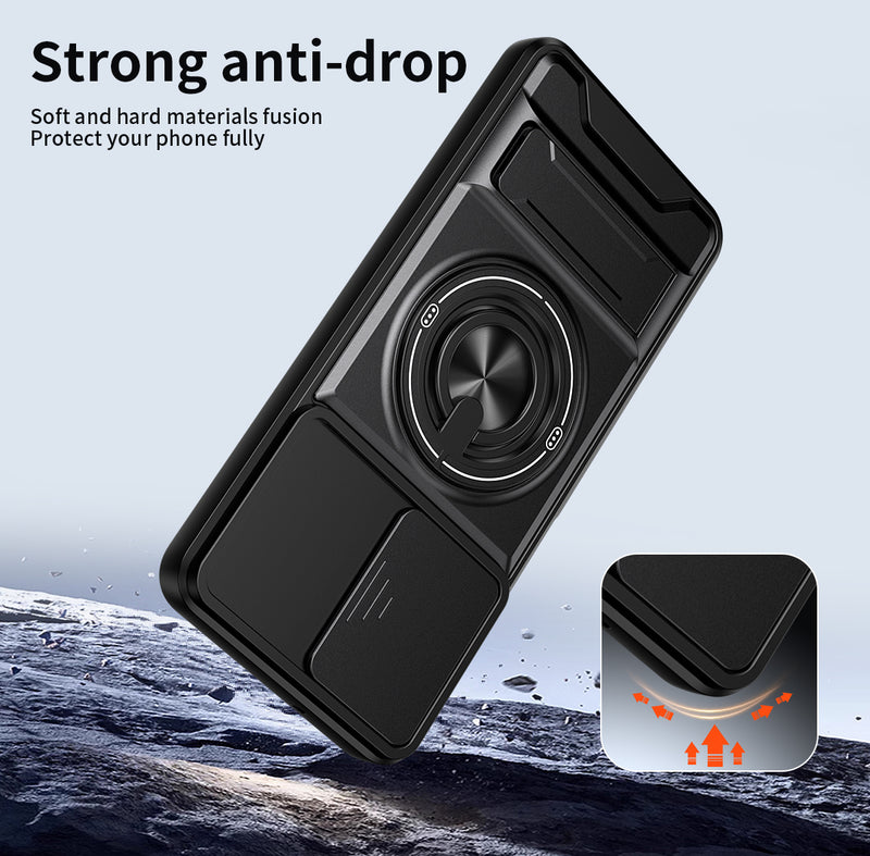 Luxury Slide Camera Lens Cover Case for Samsung Galaxy A07 4G, Built-in Ring Stand and Folding Stand Magnetic Protective Case