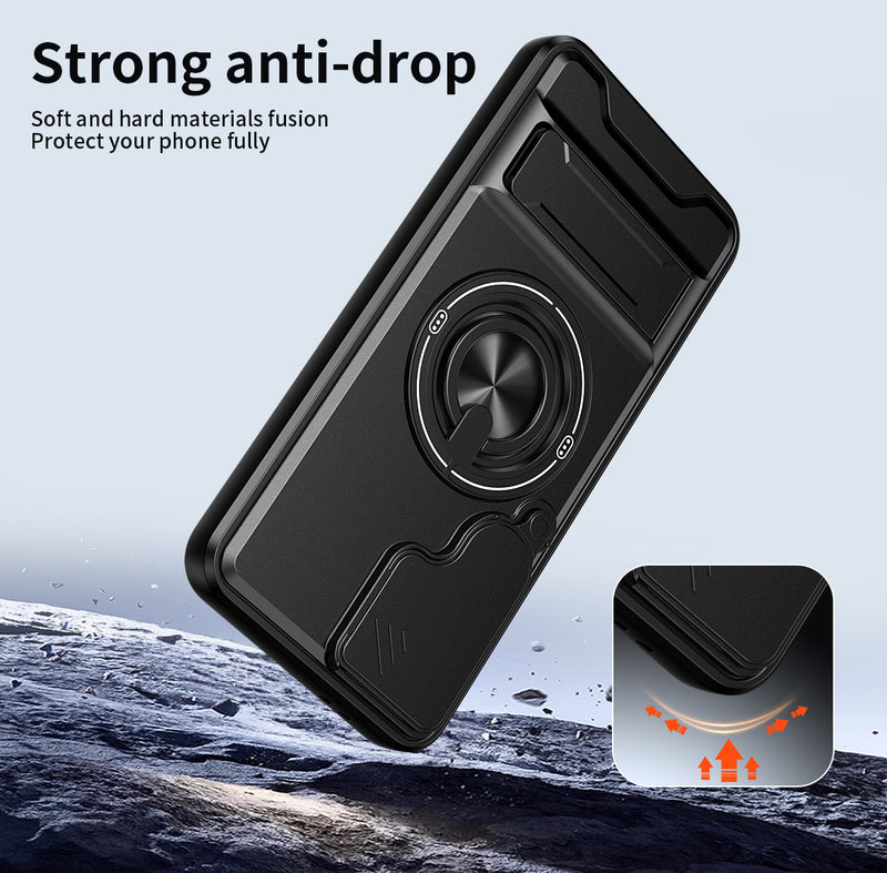 Luxury Slide Camera Lens Cover Case for Samsung Galaxy S24 FE, Built-in Ring Stand and Folding Stand Magnetic Protective Case