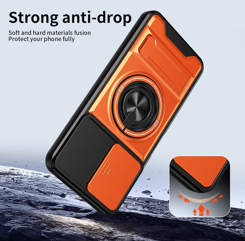 Luxury Slide Camera Lens Cover Case for Infinix Smart 20 4G, Built-in Ring Stand and Folding Stand Magnetic Protective Case