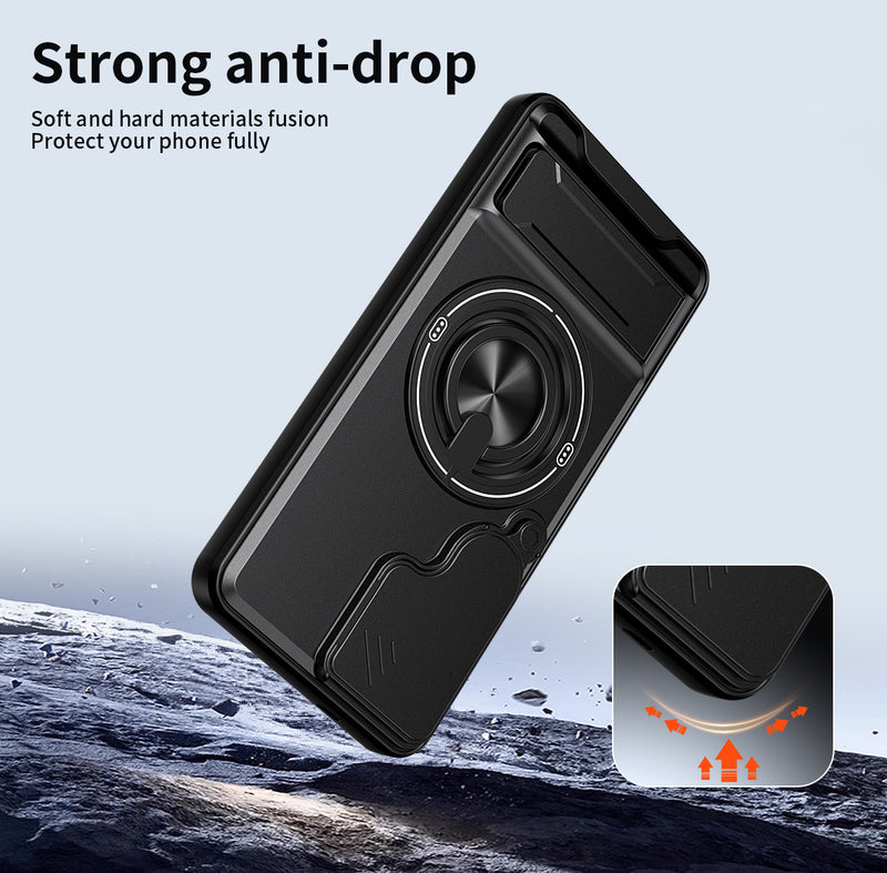 Luxury Slide Camera Lens Cover Case for Samsung Galaxy S25, Built-in Ring Stand and Folding Stand Magnetic Protective Case