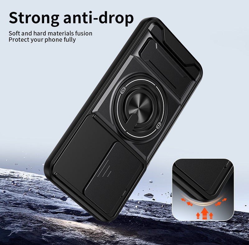 Luxury Slide Camera Lens Cover Case for Tecno Spark 40 4G, Built-in Ring Stand and Folding Stand Magnetic Protective Case