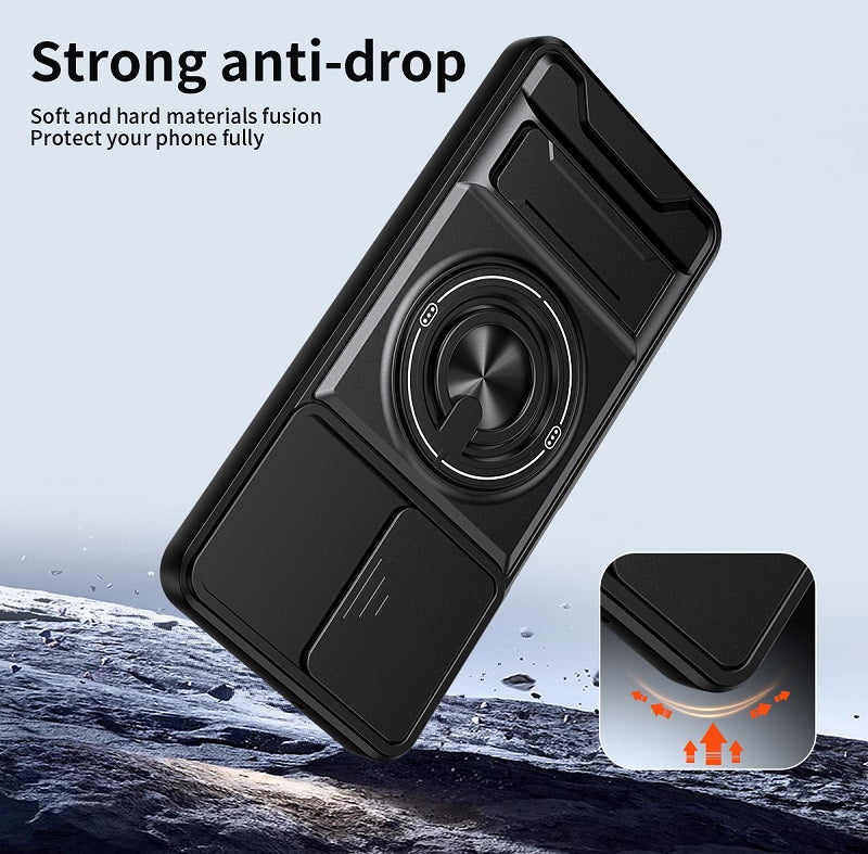 Luxury Slide Camera Lens Cover Case for Samsung Galaxy A06 5G/4G, Built-in Ring Stand and Folding Stand Magnetic Protective Case
