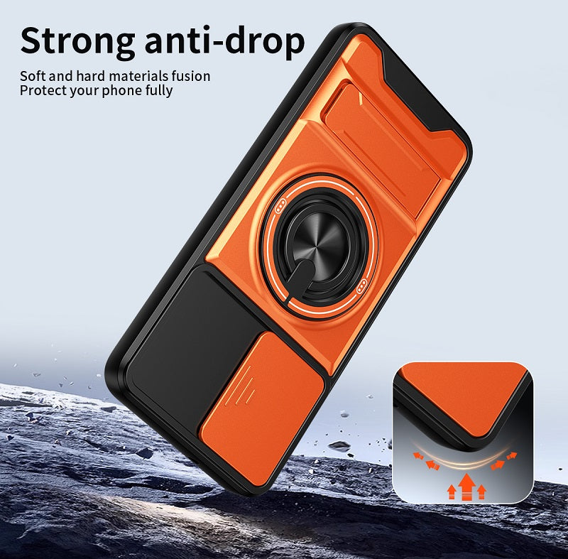 Luxury Slide Camera Lens Cover Case for Samsung Galaxy A05 4G, Built-in Ring Stand and Folding Stand Magnetic Protective Case