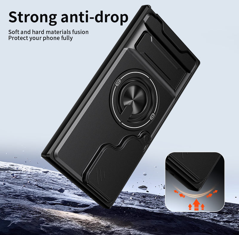 Luxury Slide Camera Lens Cover Case for Samsung Galaxy S24 Ultra, Built-in Ring Stand and Folding Stand Magnetic Protective Case