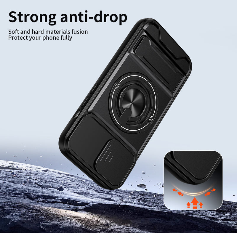 Luxury Slide Camera Lens Cover Case for iPhone 15, Built-in Ring Stand and Folding Stand Magnetic Protective Case