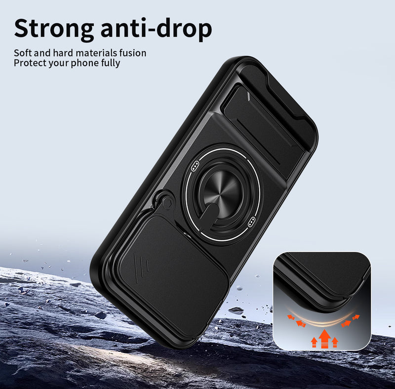 Luxury Slide Camera Lens Cover Case for Xiaomi 17, Built-in Ring Stand and Folding Stand Magnetic Protective Case