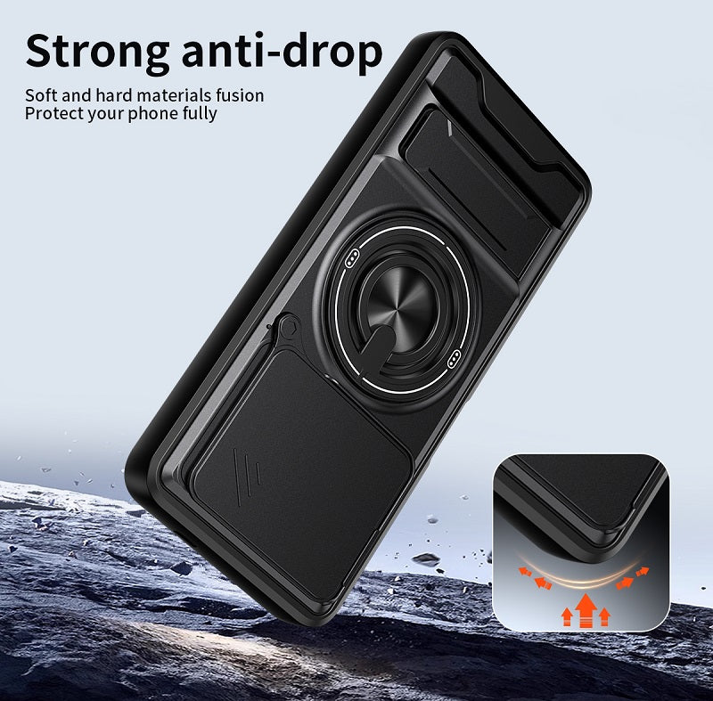 Luxury Slide Camera Lens Cover Case for Tecno Pova 6 Neo 4G, Built-in Ring Stand and Folding Stand Magnetic Protective Case