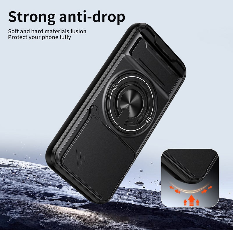 Luxury Slide Camera Lens Cover Case for Vivo V70 5G, Built-in Ring Stand and Folding Stand Magnetic Protective Case