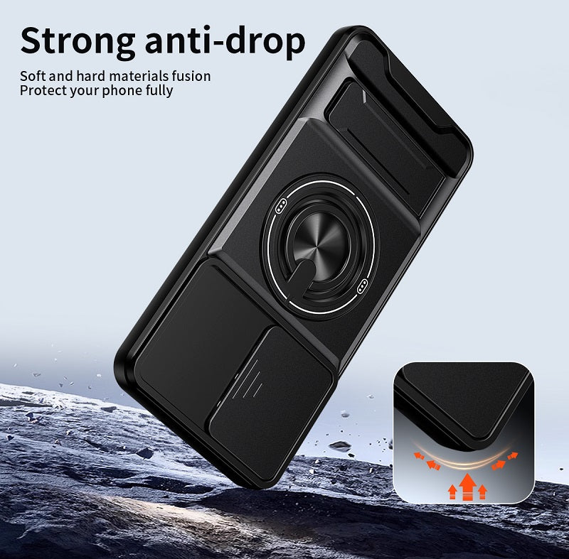 Luxury Slide Camera Lens Cover Case for OPPO Reno 14 Pro 5G, Built-in Ring Stand and Folding Stand Magnetic Protective Case