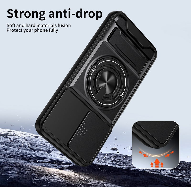 Luxury Slide Camera Lens Cover Case for Samsung Galaxy A16 5G/4G, Built-in Ring Stand and Folding Stand Magnetic Protective Case