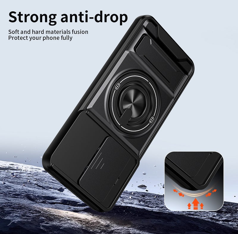 Luxury Slide Camera Lens Cover Case for Tecno Spark 30 Pro 4G, Built-in Ring Stand and Folding Stand Magnetic Protective Case