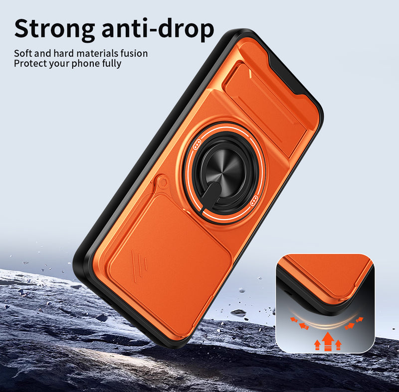 Luxury Slide Camera Lens Cover Case for Tecno Pova 7 Ultra 5G, Built-in Ring Stand and Folding Stand Magnetic Protective Case