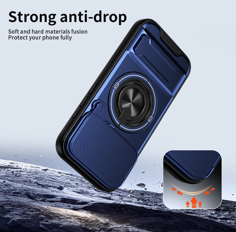 Luxury Slide Camera Lens Cover Case for iPhone 17 Pro, Built-in Ring Stand and Folding Stand Magnetic Protective Case