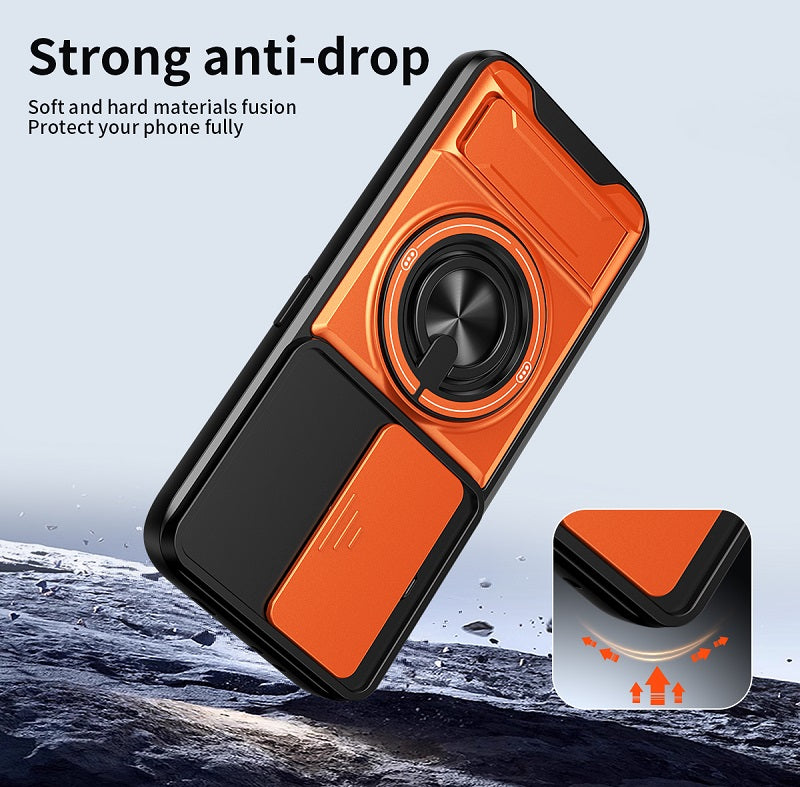Luxury Slide Camera Lens Cover Case for Tecno Camon 50 Pro 4G, Built-in Ring Stand and Folding Stand Magnetic Protective Case