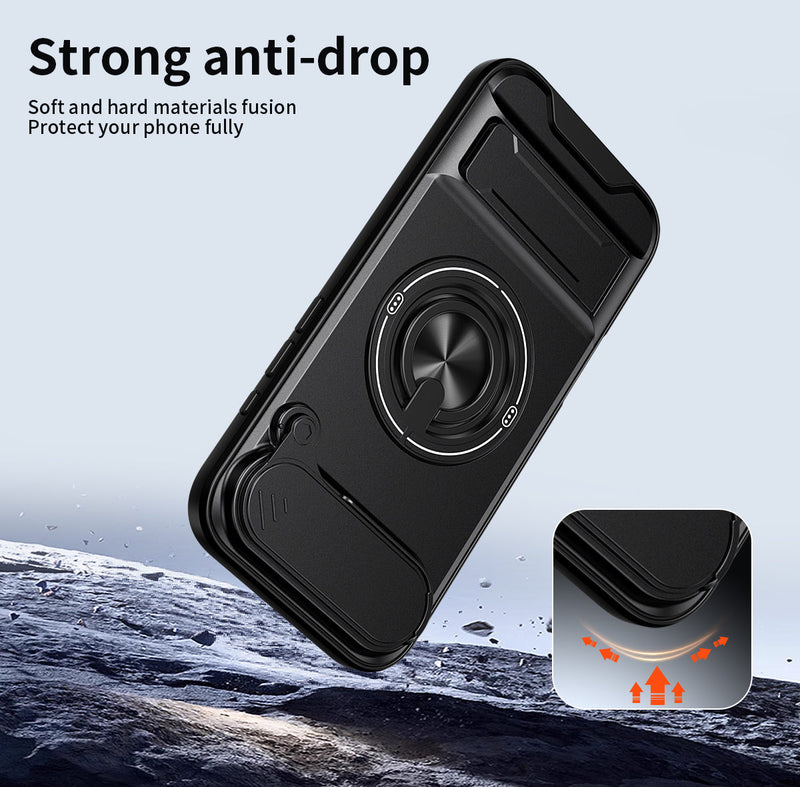 Luxury Slide Camera Lens Cover Case for iPhone 17 Air, Built-in Ring Stand and Folding Stand Magnetic Protective Case