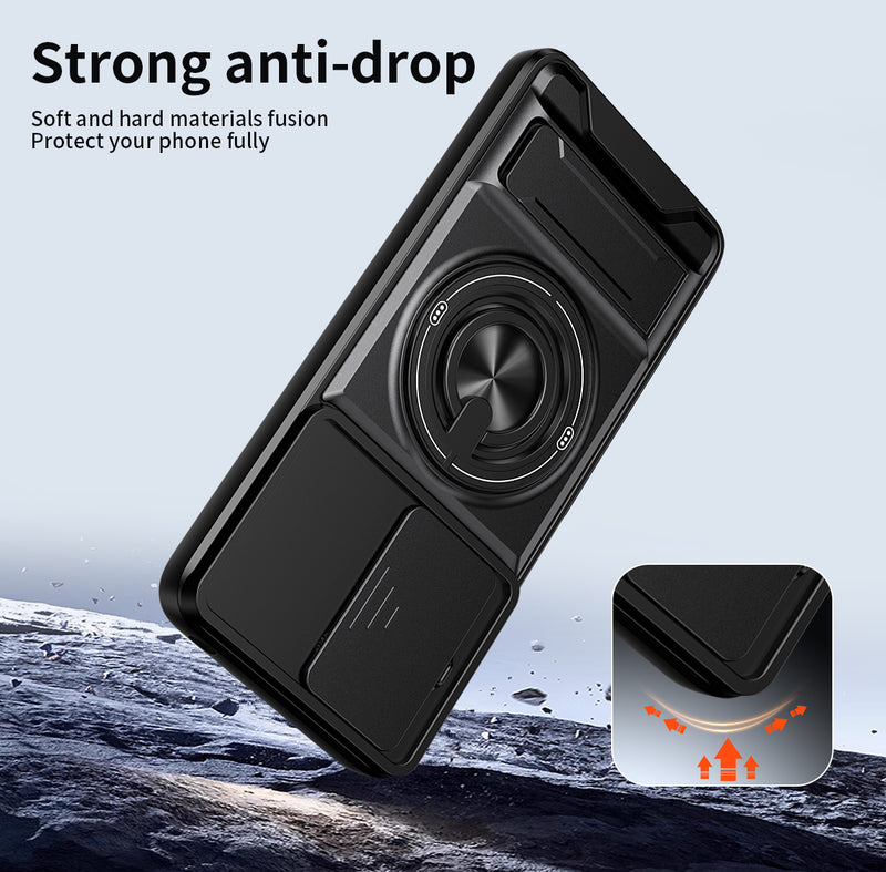 Luxury Slide Camera Lens Cover Case for Motorola Moto G15 4G, Built-in Ring Stand and Folding Stand Magnetic Protective Case