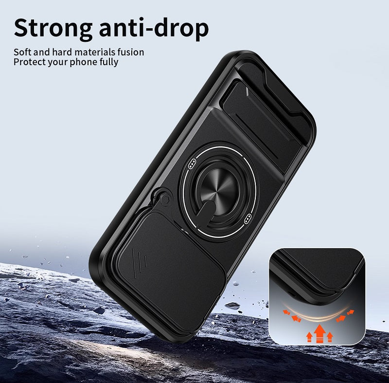 Luxury Slide Camera Lens Cover Case for Google Pixel 10A, Built-in Ring Stand and Folding Stand Magnetic Protective Case