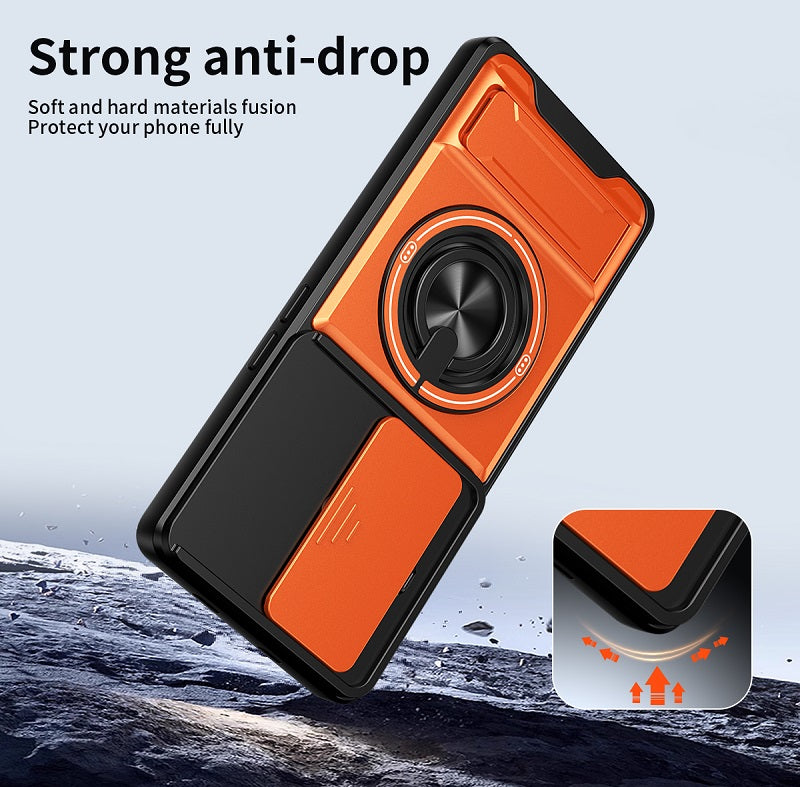 Luxury Slide Camera Lens Cover Case for Infinix Note 50 Pro+/Plus 5G, Built-in Ring Stand and Folding Stand Magnetic Protective Case