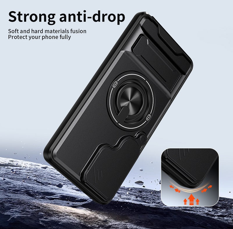 Luxury Slide Camera Lens Cover Case for Samsung Galaxy S26 Ultra, Built-in Ring Stand and Folding Stand Magnetic Protective Case