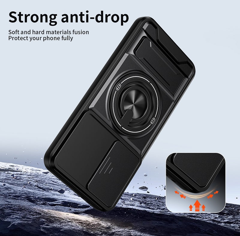 Luxury Slide Camera Lens Cover Case for Samsung Galaxy A56 5G, Built-in Ring Stand and Folding Stand Magnetic Protective Case