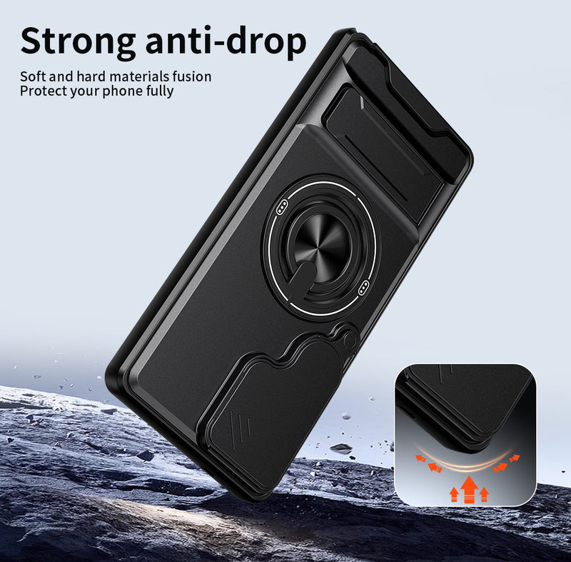 Luxury Slide Camera Lens Cover Case for Samsung Galaxy S25 Ultra, Built-in Ring Stand and Folding Stand Magnetic Protective Case