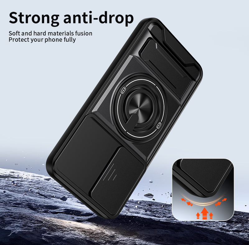 Luxury Slide Camera Lens Cover Case for Samsung Galaxy A55 5G, Built-in Ring Stand and Folding Stand Magnetic Protective Case