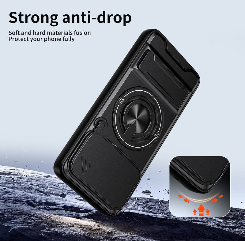 Luxury Slide Camera Lens Cover Case for Motorola Edge 50 Neo 5G, Built-in Ring Stand and Folding Stand Magnetic Protective Case