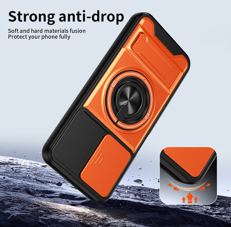 Luxury Slide Camera Lens Cover Case for Samsung Galaxy A14 5G/4G, Built-in Ring Stand and Folding Stand Magnetic Protective Case