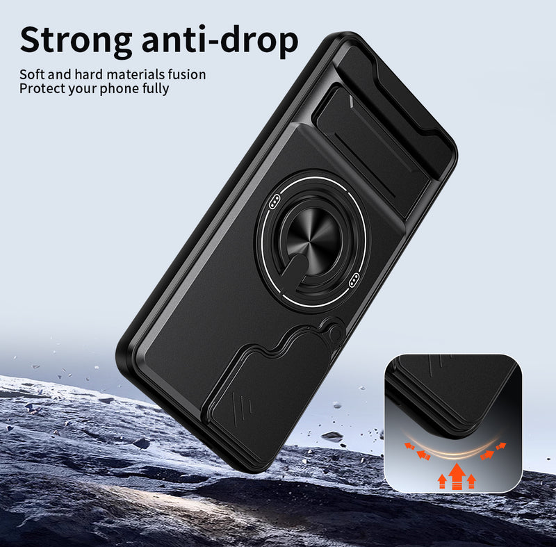 Luxury Slide Camera Lens Cover Case for Samsung Galaxy S25 Plus, Built-in Ring Stand and Folding Stand Magnetic Protective Case