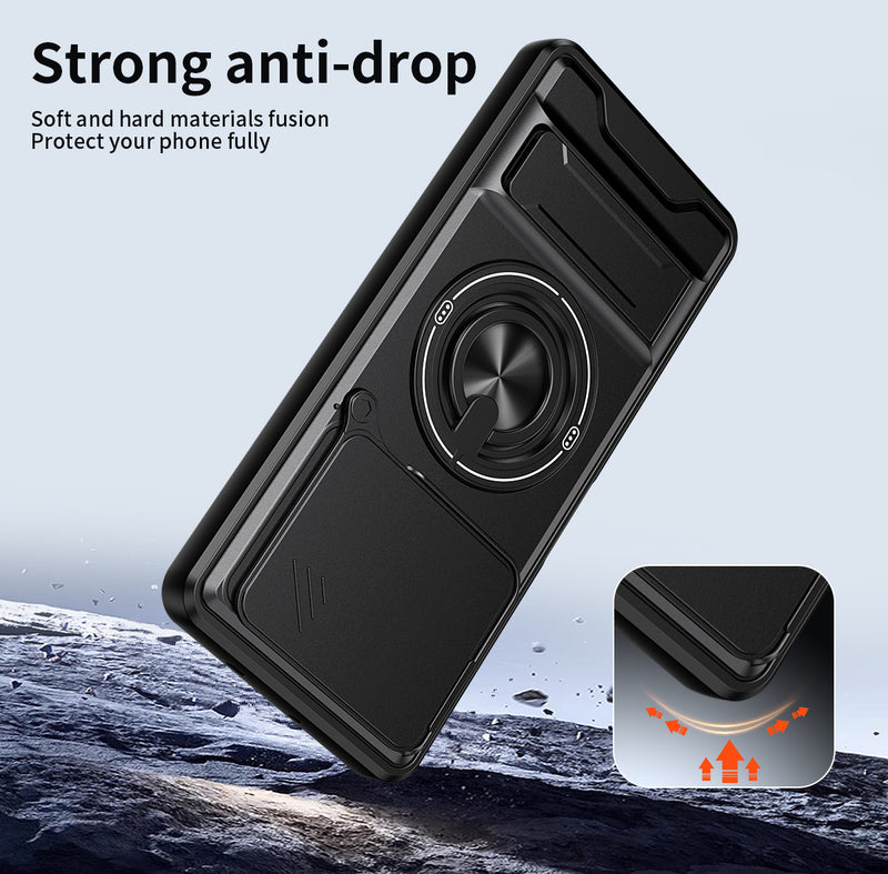 Luxury Slide Camera Lens Cover Case for Tecno Pova 7 5G, Built-in Ring Stand and Folding Stand Magnetic Protective Case